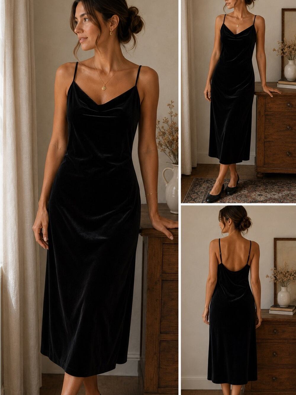 Zara Black Velvet Midi Slip Dress NWT Minimalist Cowl Neck Sz. M